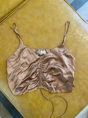 Aritzia Satin Ruched Drawstring Crop Top in Copper
